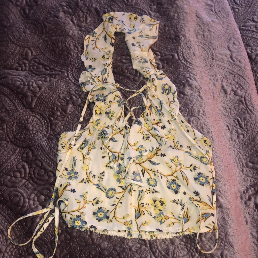 Kendall & Kylie Floral Halter Lace-Up Top
